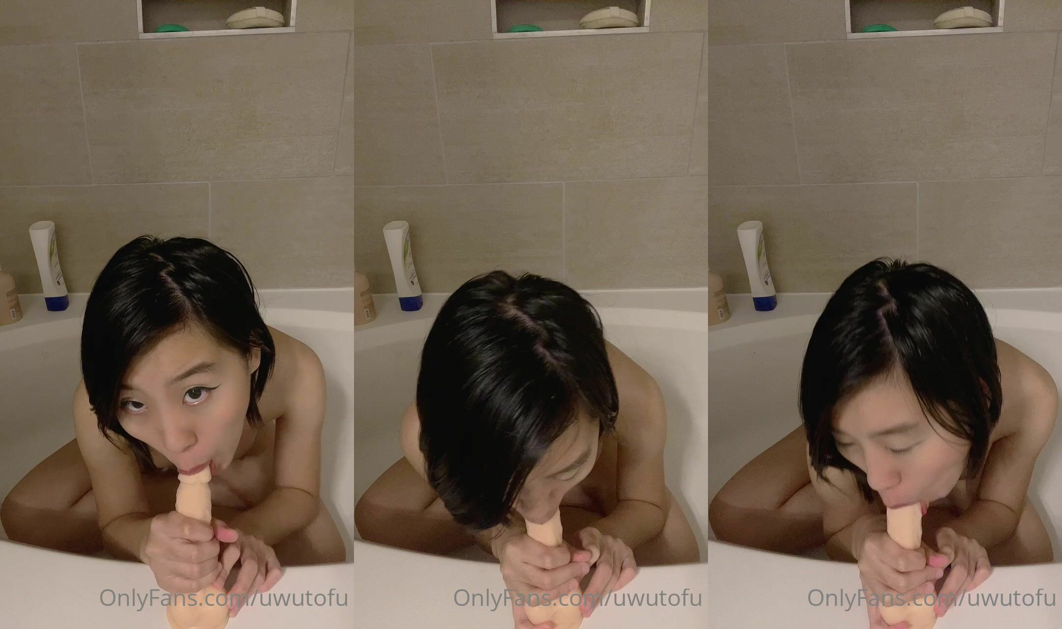 Uwutofu Practices Her Head In Bathtub Dildo Suck