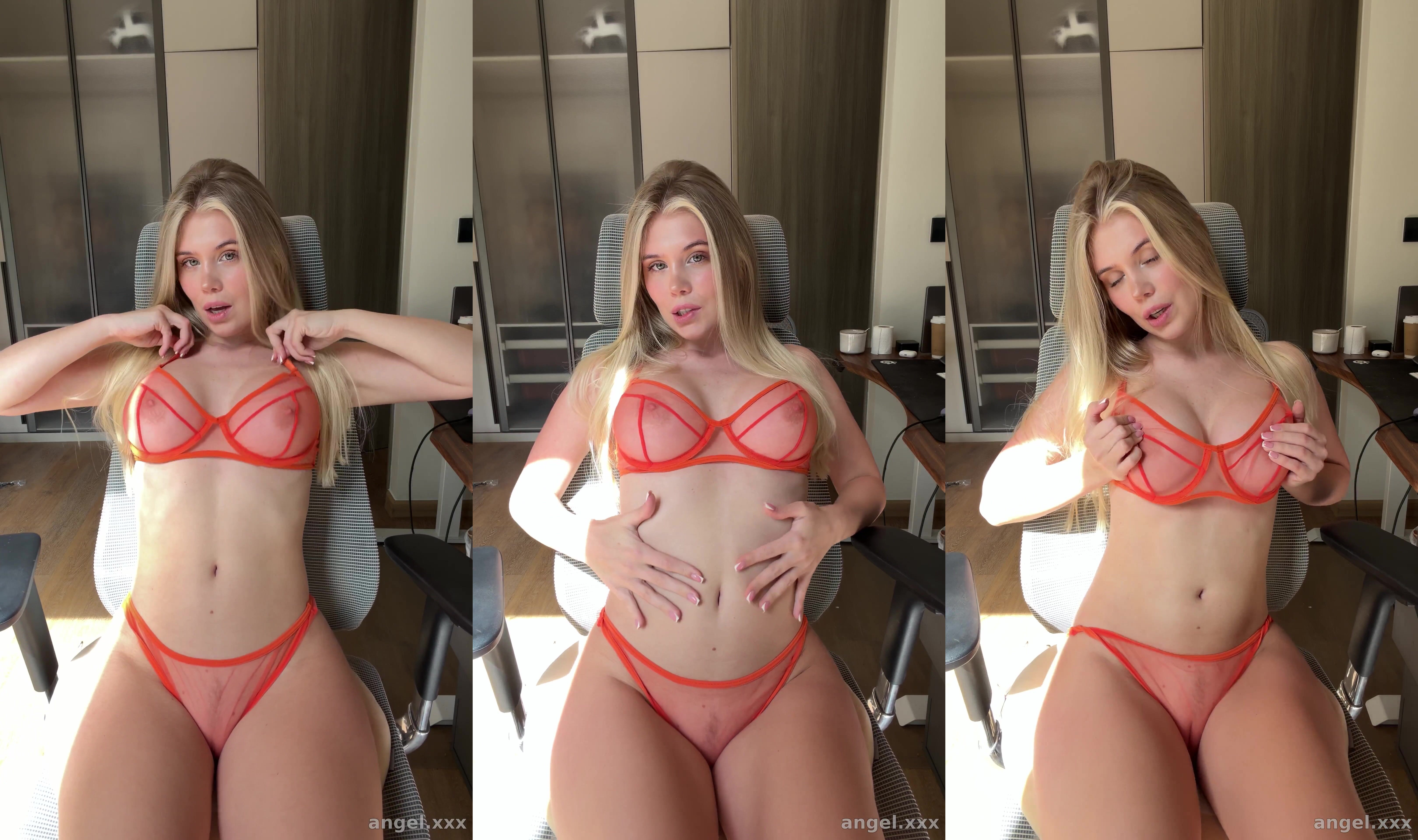 Busty Blonde Lingerie Tease in Office